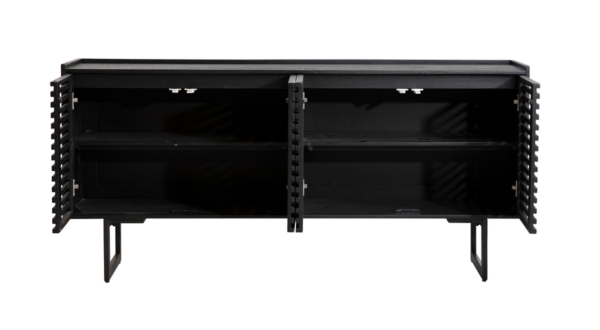Black modern sideboard with slatted doors, open