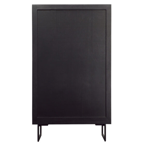 Matte black tall cabinet with glass doors, back