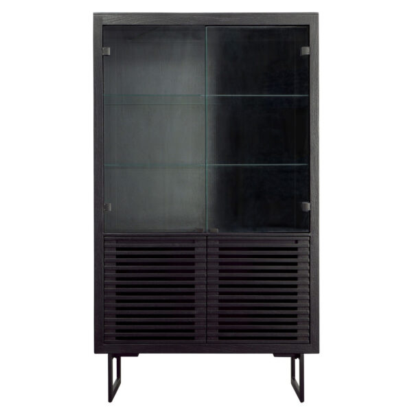 Matte black tall cabinet with glass doors, front