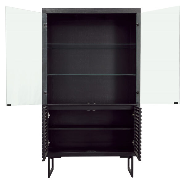 Matte black tall cabinet with glass doors, open