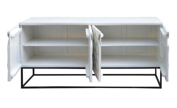 White carved media console with iron base, open