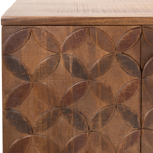 Handcarved brown sideboard media console with iron base, detail
