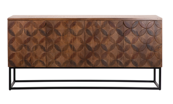 Handcarved brown sideboard media console with iron base, front
