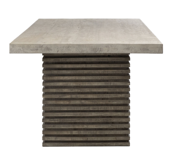 Modern grey table with unique legs, profile