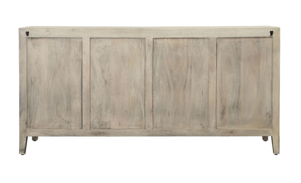 70" light grey wood sideboard with faceted doors, back