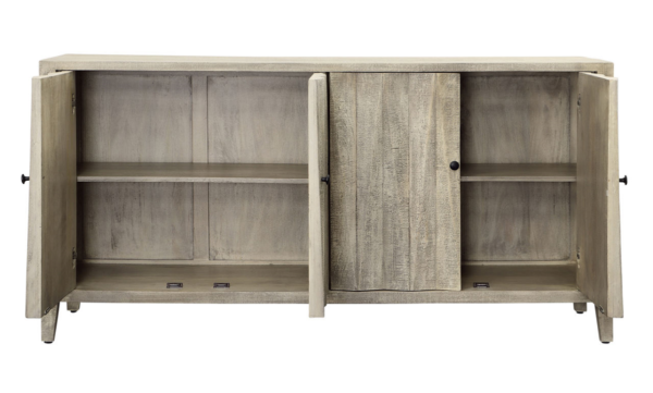 70" light grey wood sideboard with faceted doors, open