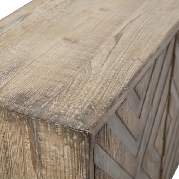 Rustic wood sideboard with geometrical design, closeup