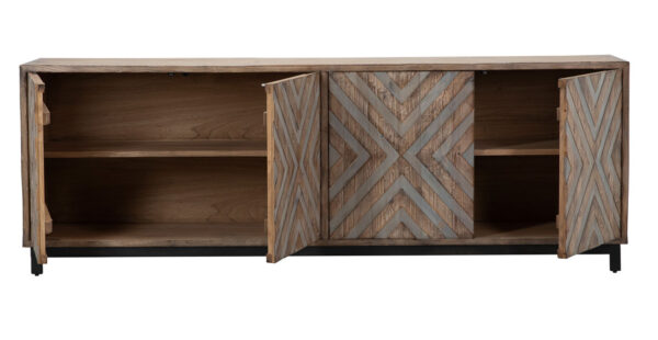 Rustic wood sideboard with geometrical design, open