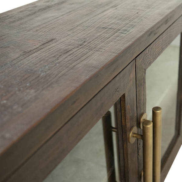 Dark wood sideboard console with glass doors, detail