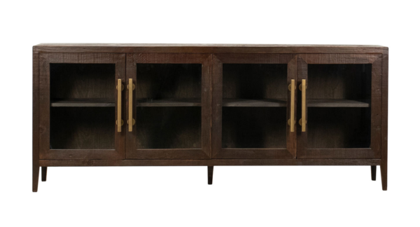 Dark wood sideboard console with glass doors, front