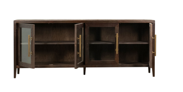 Dark wood sideboard console with glass doors, open