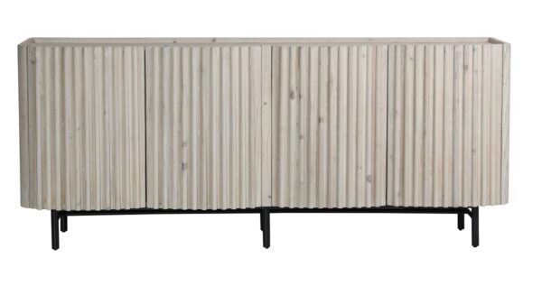 Media console with grey wash finish and doors with fluted design, front