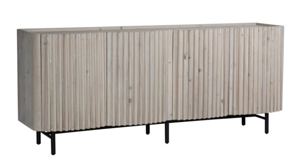 Media console with grey wash finish and doors with fluted design