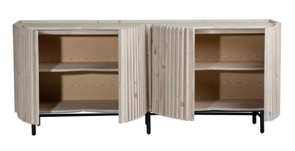 Media console with grey wash finish and doors with fluted design, open