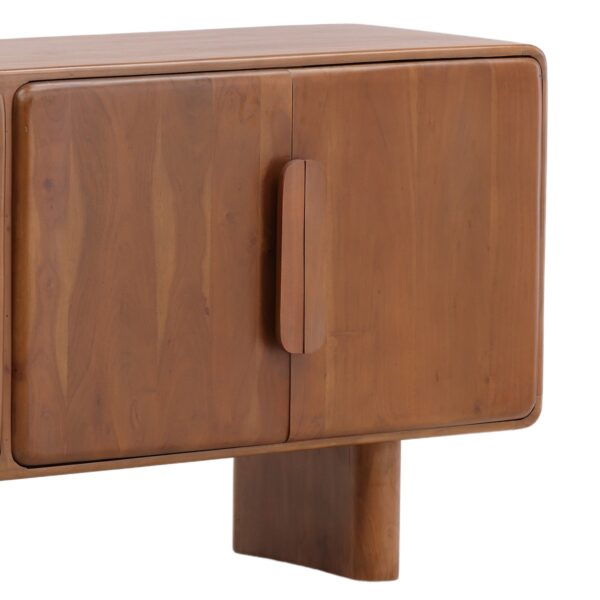 Modern, warm brown wood sideboard with curved legs, corner