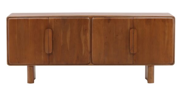 Modern, warm brown wood sideboard with curved legs, front