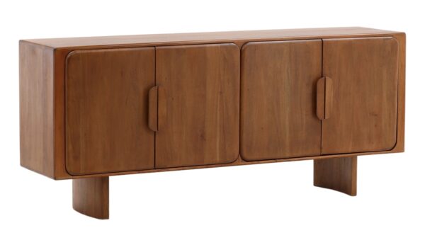 Modern, warm brown wood sideboard with curved legs