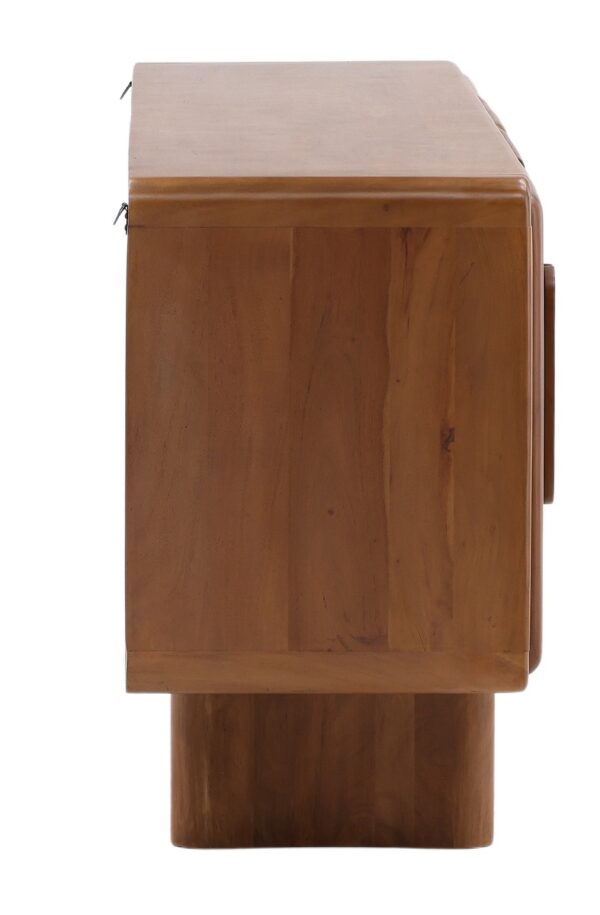 Modern, warm brown wood sideboard with curved legs, profile