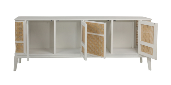 White rattan sideboard cabinet with doors, open