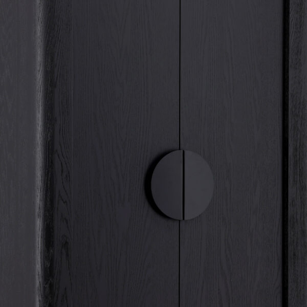 90 inch tall black oak cabinet with 2 doors and interior shelves, door handle