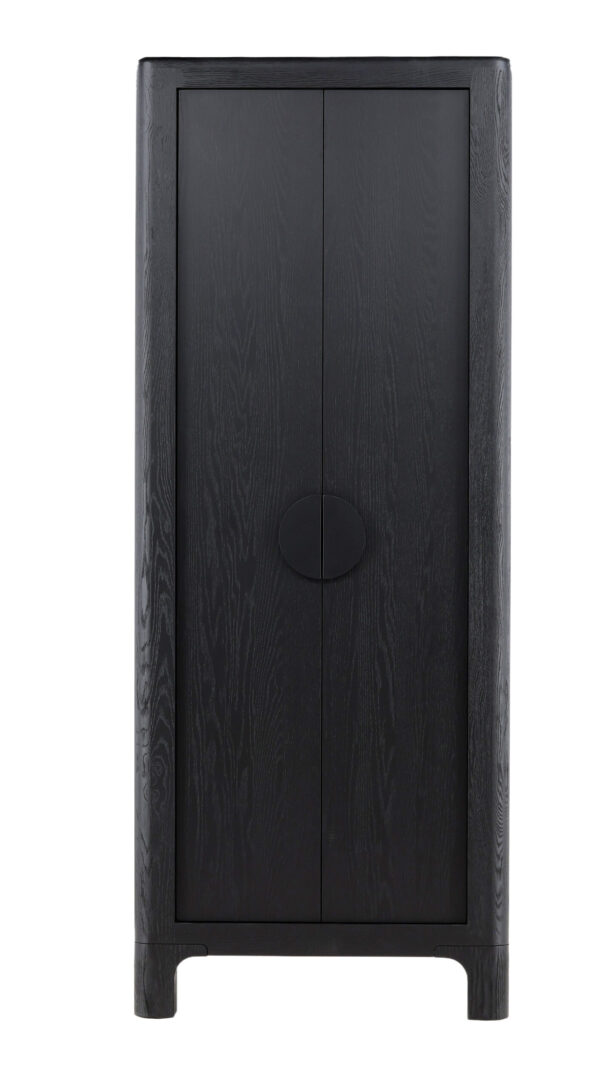 90 inch tall black oak cabinet with 2 doors and interior shelves, front