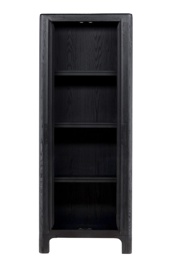 90 inch tall black oak cabinet with 2 doors and interior shelves, open