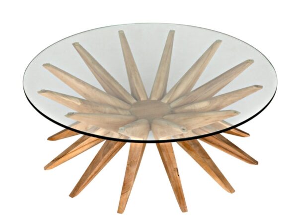Round coffee table with glass top and teak base, top