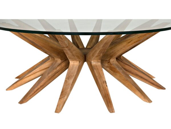 Round coffee table with glass top and teak base, front