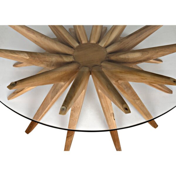 Round coffee table with glass top and teak base, top detail
