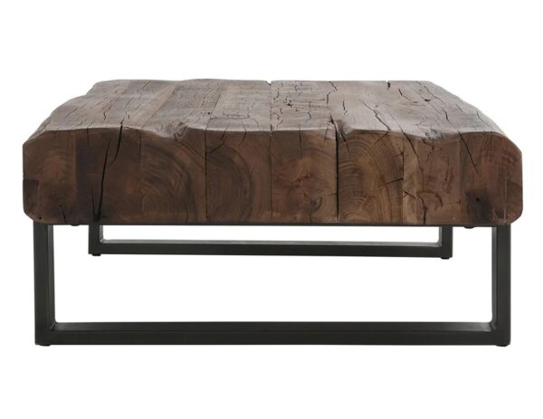 Rustic style coffee table with reclaimed wood top and iron base, profile