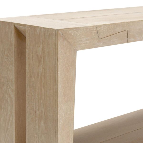 Cream color oak console table with shelf, corner detail