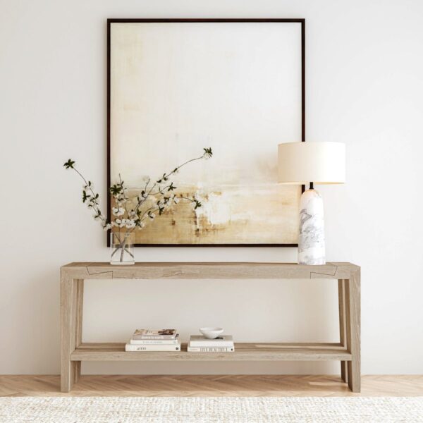 Cream color oak console table with shelf, shown in home setting