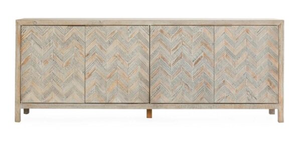 Pine wood media cabinet with herringbone design, front