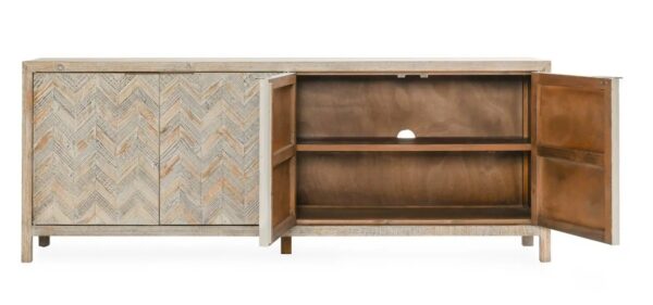 Pine wood media cabinet with herringbone design, open