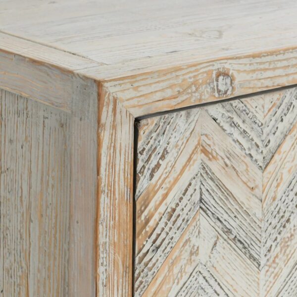 Pine wood media cabinet with herringbone design, finish detail