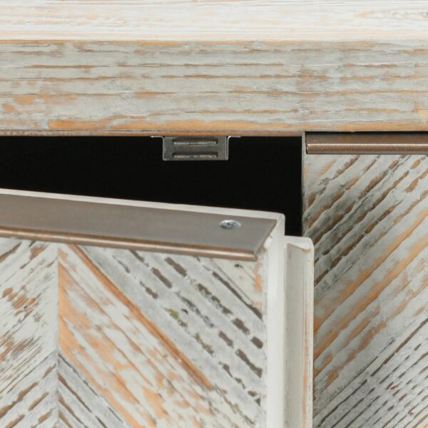 Pine wood media cabinet with herringbone design, door magnet detail