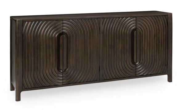 Dark brown media cabinet with curved, textured front