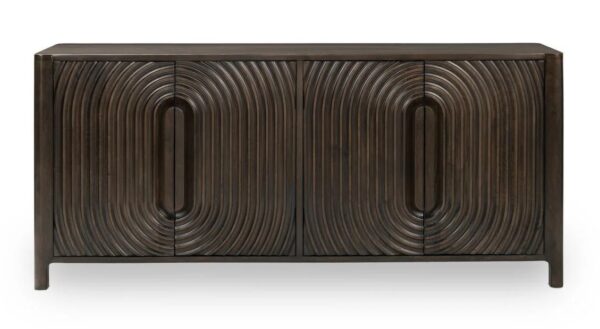 Dark brown media cabinet with curved, textured front, front