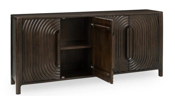 Dark brown media cabinet with curved, textured front, with open door