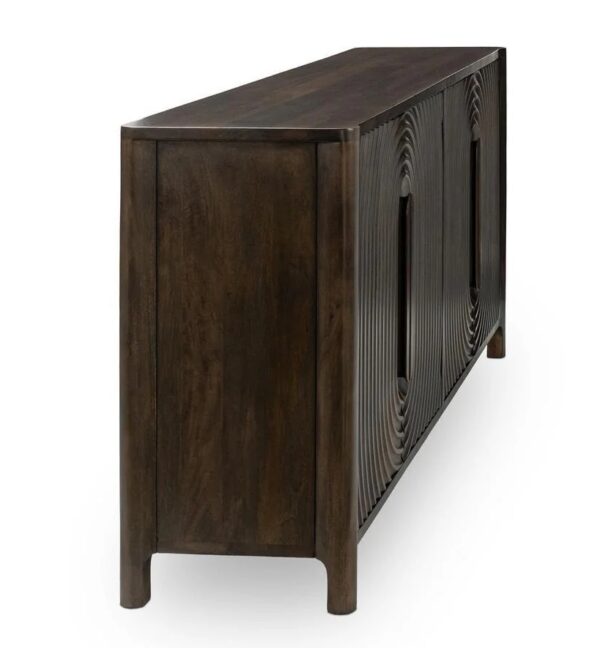 Dark brown media cabinet with curved, textured front, profile