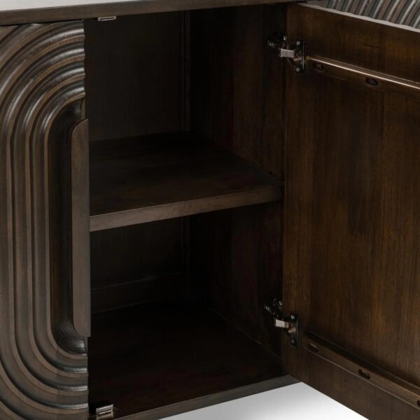 Dark brown media cabinet with curved, textured front, interior