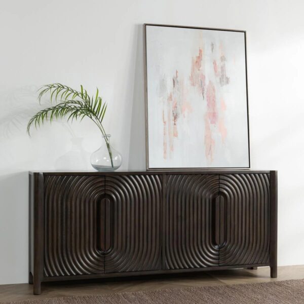 Dark brown media cabinet with curved, textured front, shown in a room