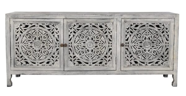 Grey TV console cabinet with carved door panels, front