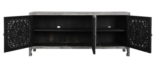 Grey TV console cabinet with carved door panels, open