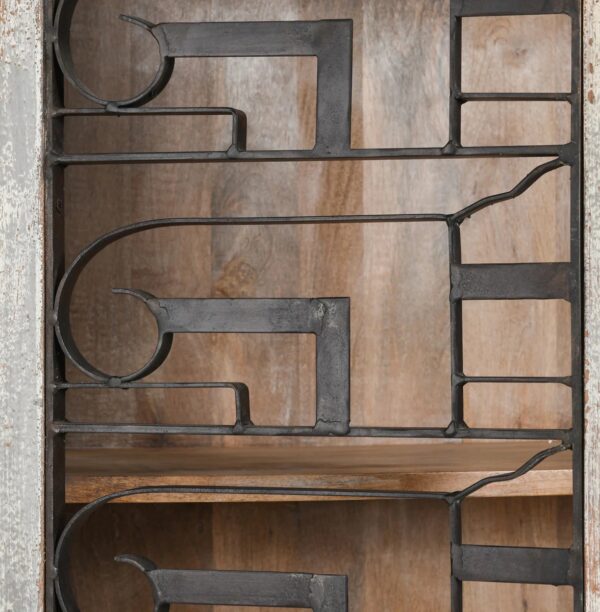 Tall cabinet bar made of solid wood and iron door with rustic finish, door detail