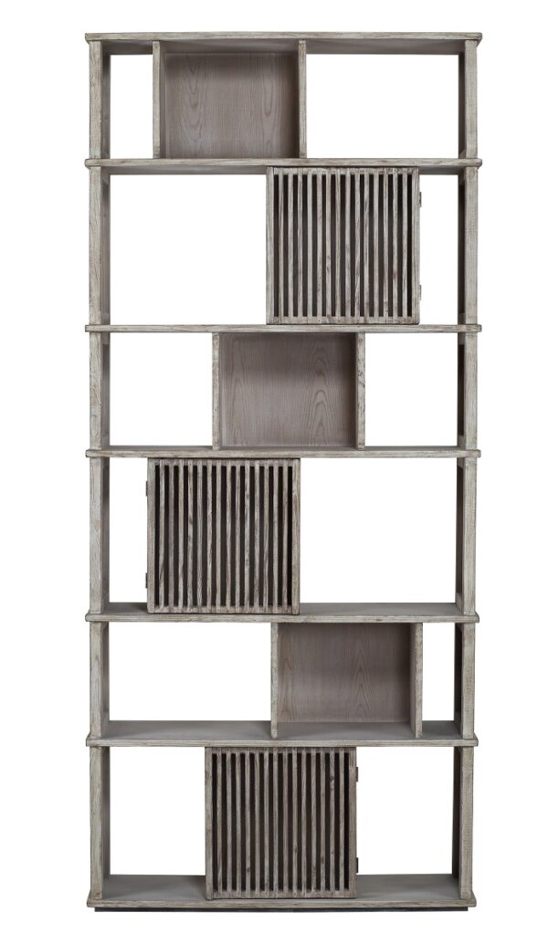 Tall, light grey bookcase with shelves and doors, front