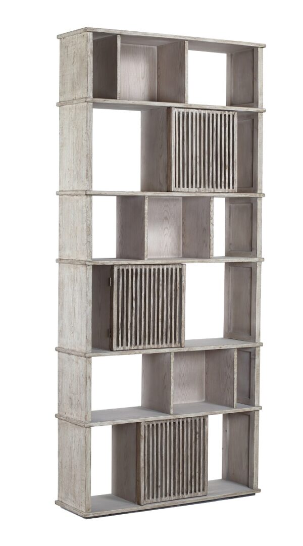 Tall, light grey bookcase with shelves and doors