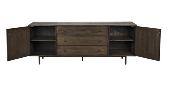 Mid Century style sideboard with drawers in dark walnut wood, open