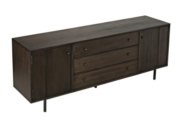 Mid Century style sideboard with drawers in dark walnut wood, top