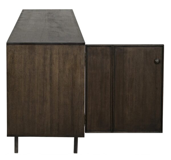 Mid Century style sideboard with drawers in dark walnut wood, profile